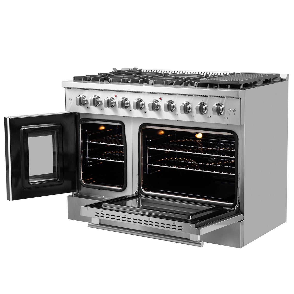 Forno Galiano 48-Inch Freestanding French Door Gas Range, 8 Burners, Griddle, Convection Oven