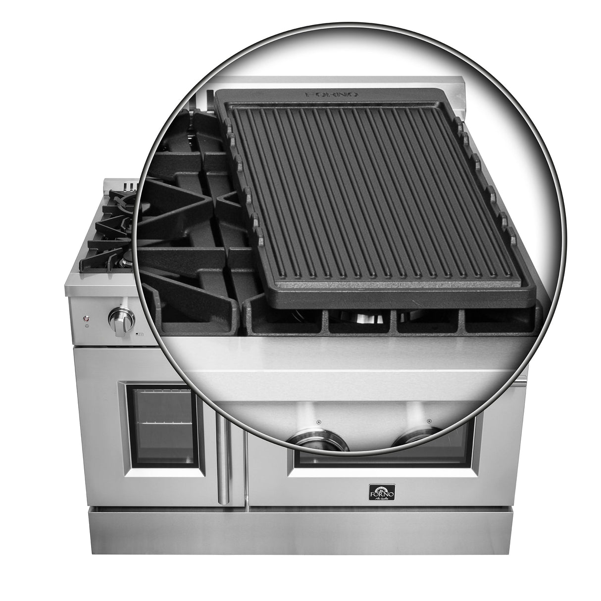Forno Galiano 48-Inch Freestanding French Door Gas Range, 8 Burners, Griddle, Convection Oven