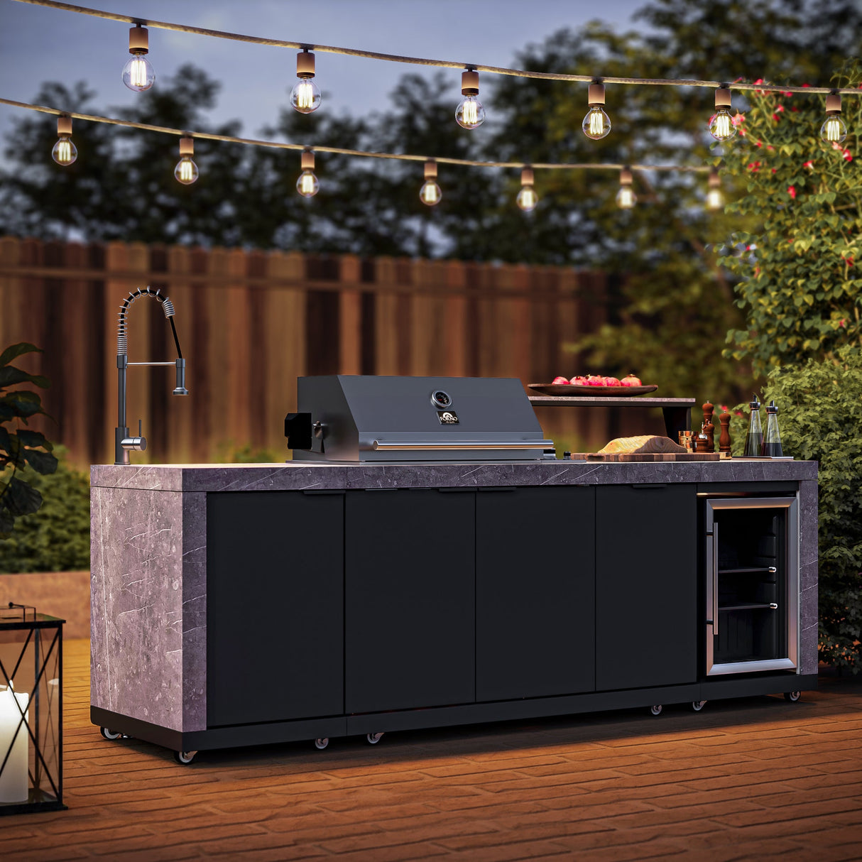 Forno Rimini Outdoor Kitchen 30" BBQ – 62,600 BTU, 3 Burners, Beverage Center, Black Cabinets & Gray Sintered Stone Countertop