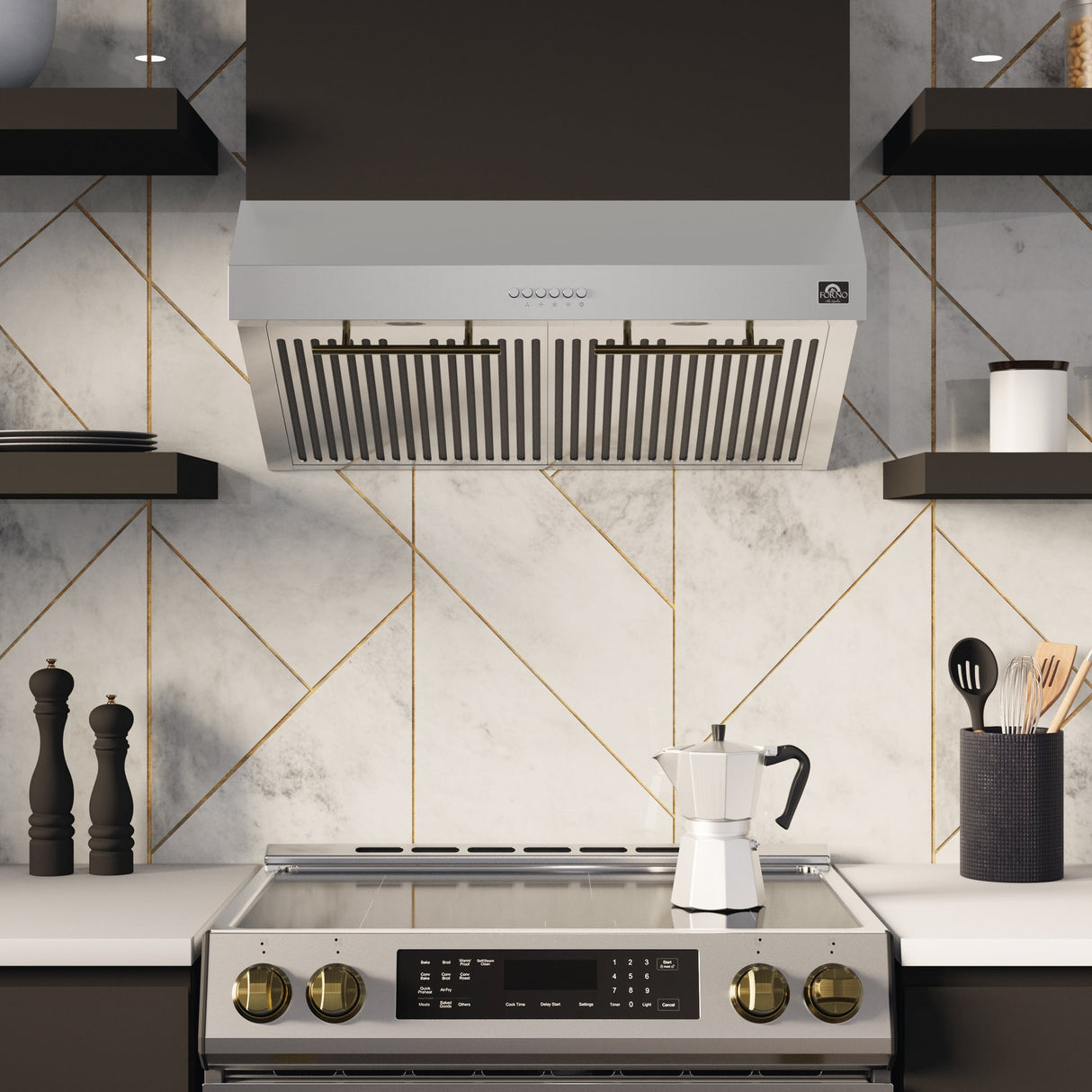 Forno Bari Espresso 30-Inch Under Cabinet Range Hood, Stainless Steel, 400 CFM, LED Lighting, Dishwasher-Safe Baffle Filters, 4-Speed Fan Control