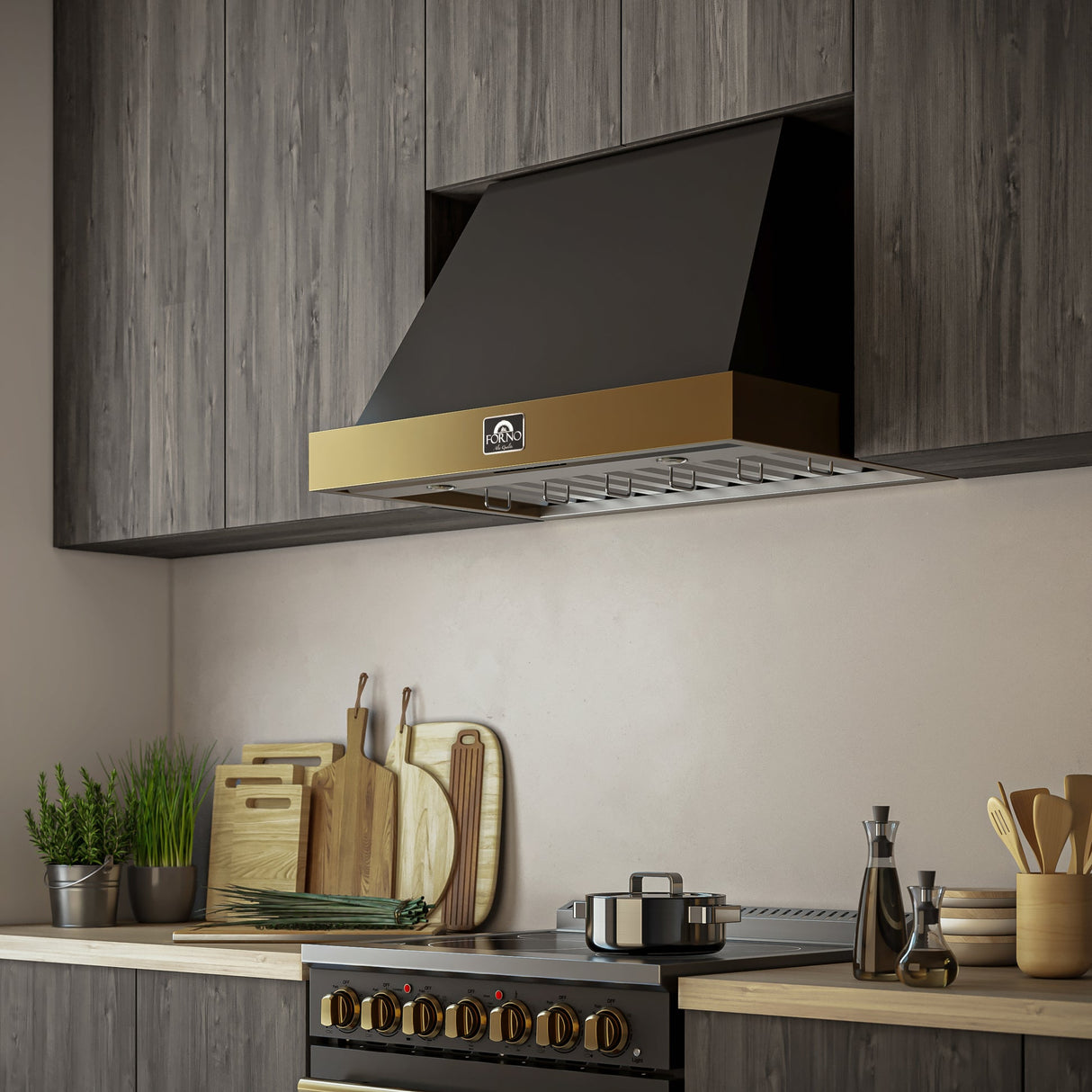 Forno Vittorio 36-Inch Wall Mount Range Hood, Antique Brass Trim, 424 CFM Airflow, Dishwasher-Safe Baffle Filters, Remote Control, 3-Speed Fan, Bright LED Lighting.