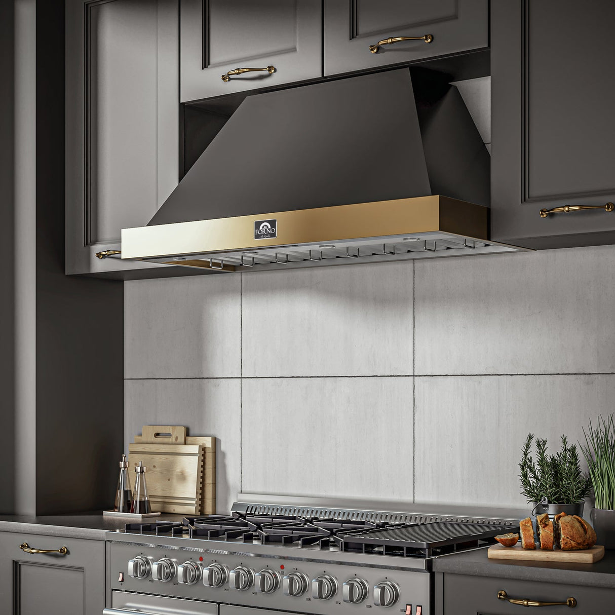 Forno Vittorio 48" Wall Mount Range Hood – Antique Brass Trim, 424 CFM, Remote Control, LED Lighting & Dishwasher-Safe Filters