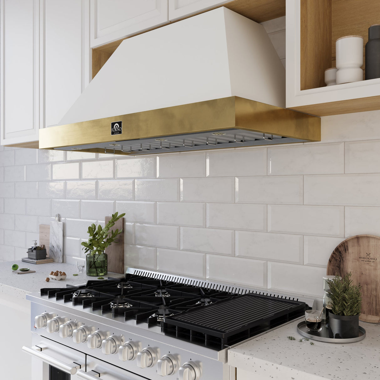 Forno Vittorio 48" Wall Mount Range Hood – Antique Brass Trim, 424 CFM, Remote Control, LED Lighting & Dishwasher-Safe Filters