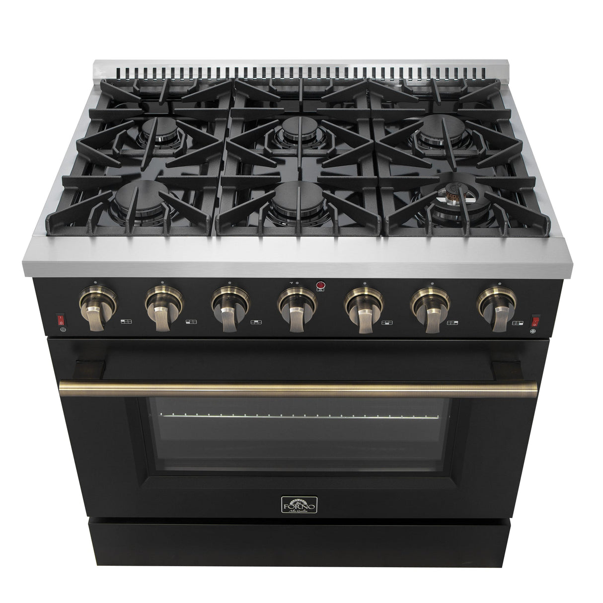 Forno Galiano 36-inch Freestanding Gas Range with Antique Brass Design, 6 Burners, Convection Oven