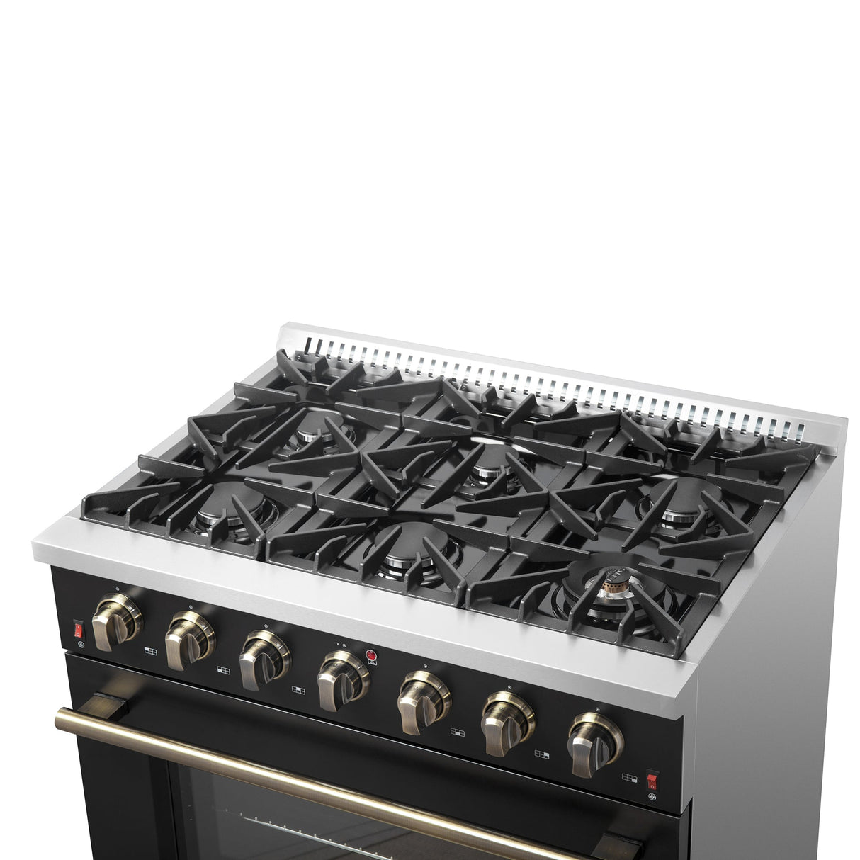 Forno Galiano 36-inch Freestanding Gas Range with Antique Brass Design, 6 Burners, Convection Oven