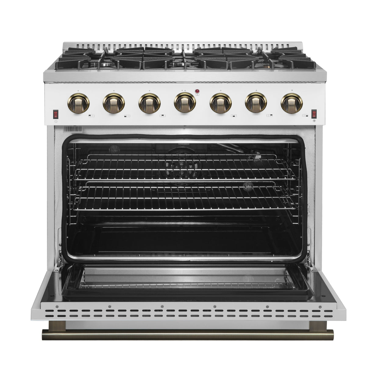 Forno Galiano 36-inch Freestanding Gas Range with Antique Brass Design, 6 Burners, Convection Oven