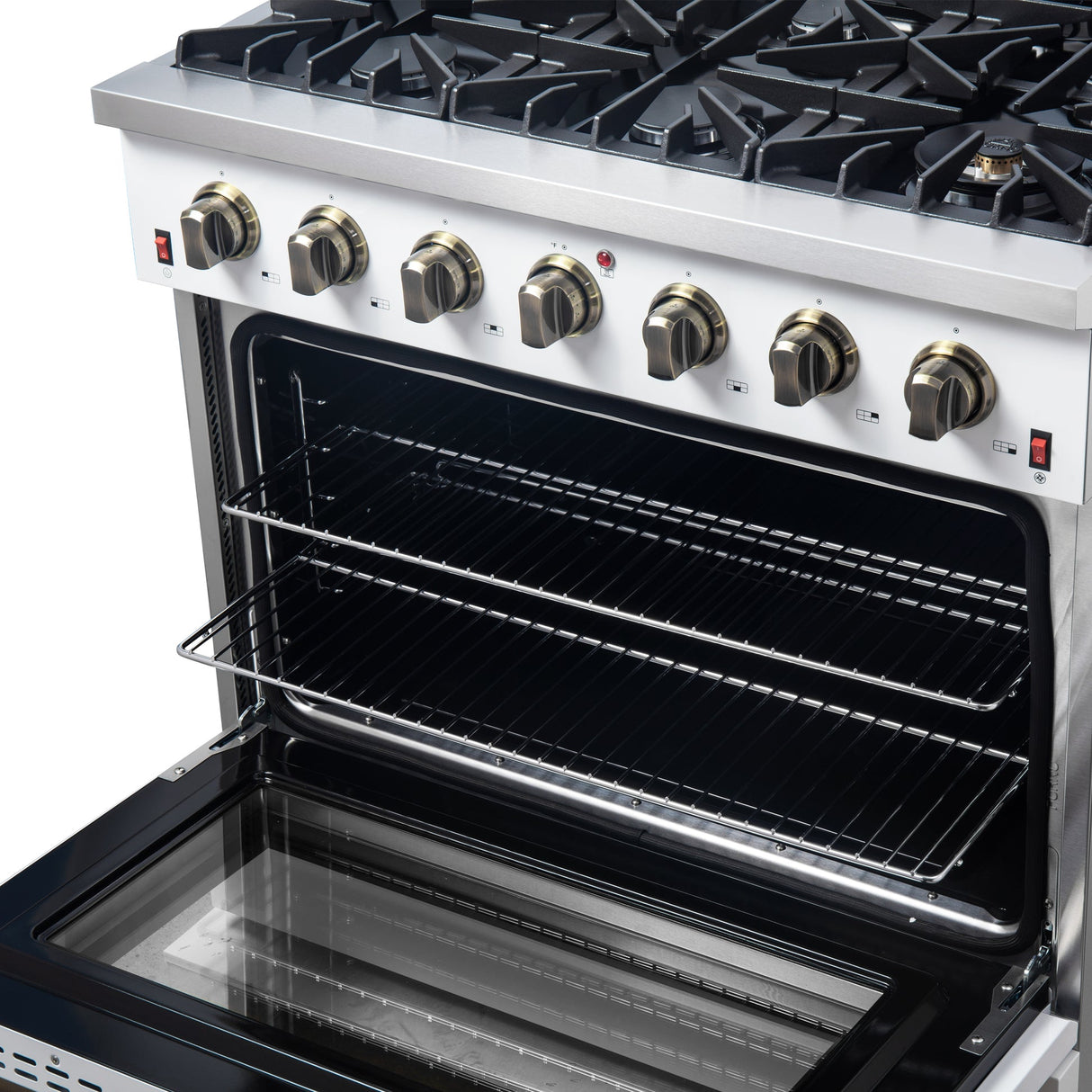 Forno Galiano 36-inch Freestanding Gas Range with Antique Brass Design, 6 Burners, Convection Oven