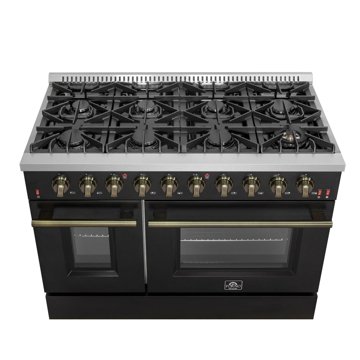 Forno Galiano 48-inch Gas Range with Antique Brass Design, 8 Burners, 107,000 BTU, Griddle, 6.58 cu.ft. Double Ovens