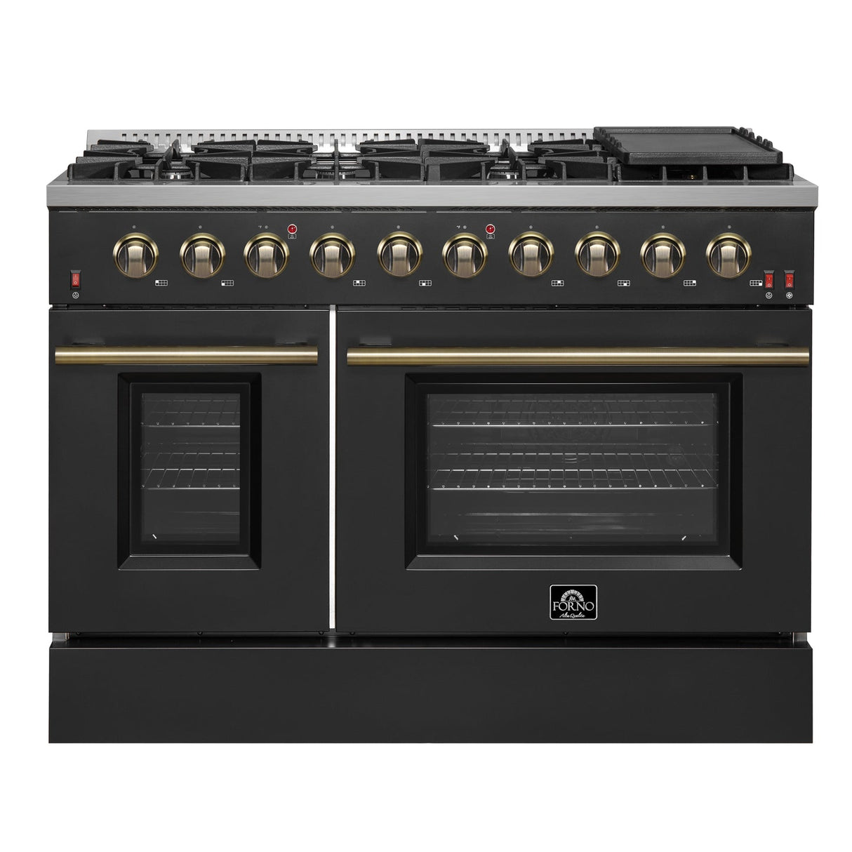 Forno Galiano 48-inch Gas Range with Antique Brass Design, 8 Burners, 107,000 BTU, Griddle, 6.58 cu.ft. Double Ovens