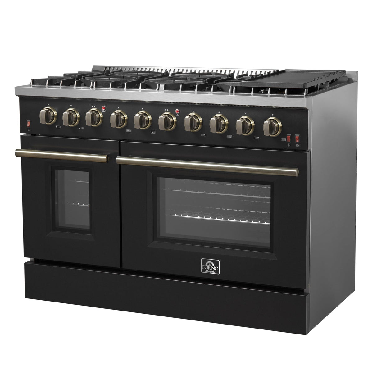 Forno Galiano 48-inch Gas Range with Antique Brass Design, 8 Burners, 107,000 BTU, Griddle, 6.58 cu.ft. Double Ovens