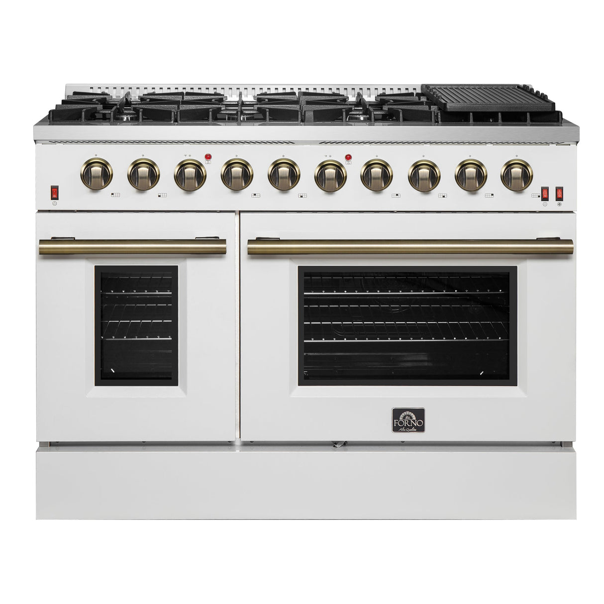 Forno Galiano 48-inch Gas Range with Antique Brass Design, 8 Burners, 107,000 BTU, Griddle, 6.58 cu.ft. Double Ovens