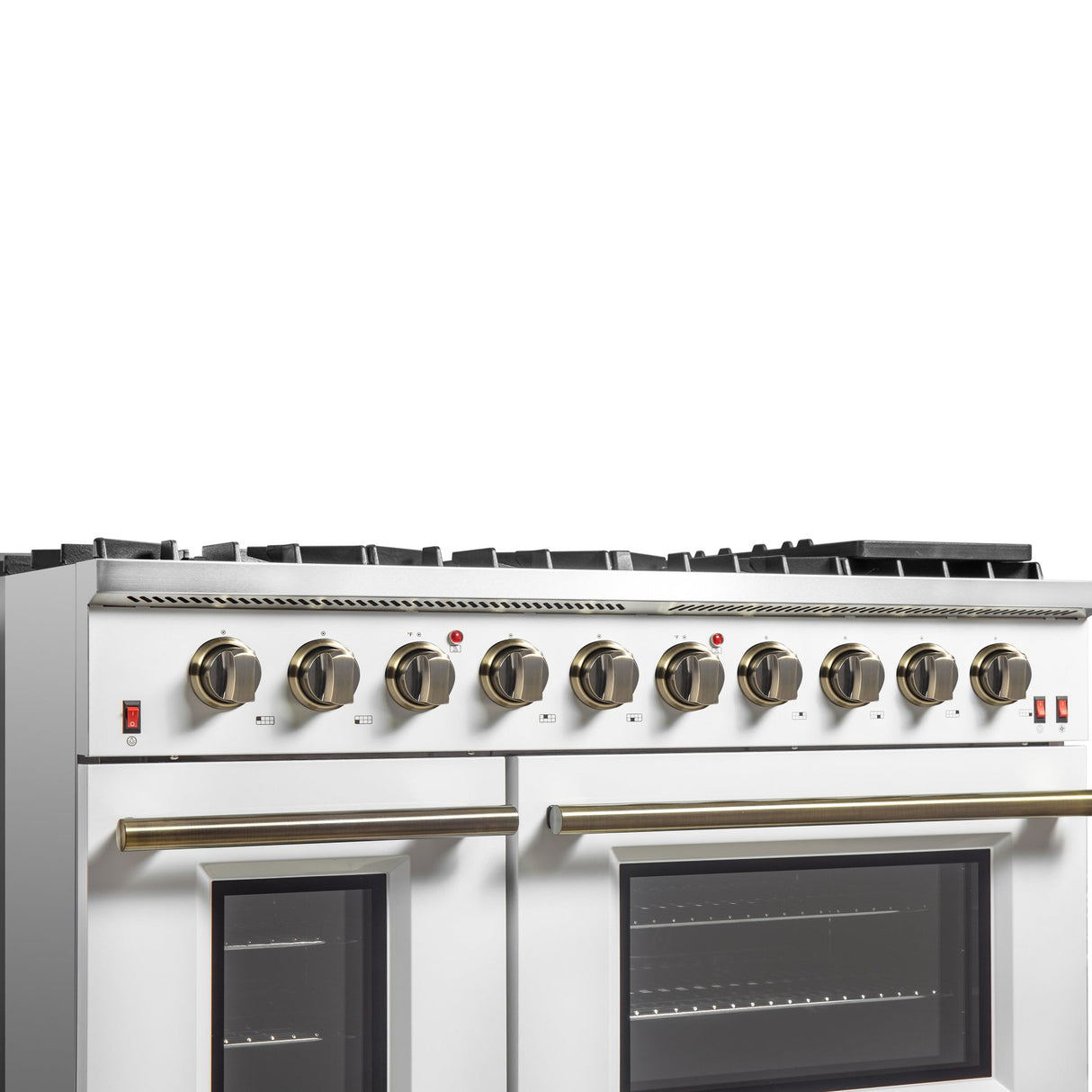 Forno Galiano 48-inch Gas Range with Antique Brass Design, 8 Burners, 107,000 BTU, Griddle, 6.58 cu.ft. Double Ovens