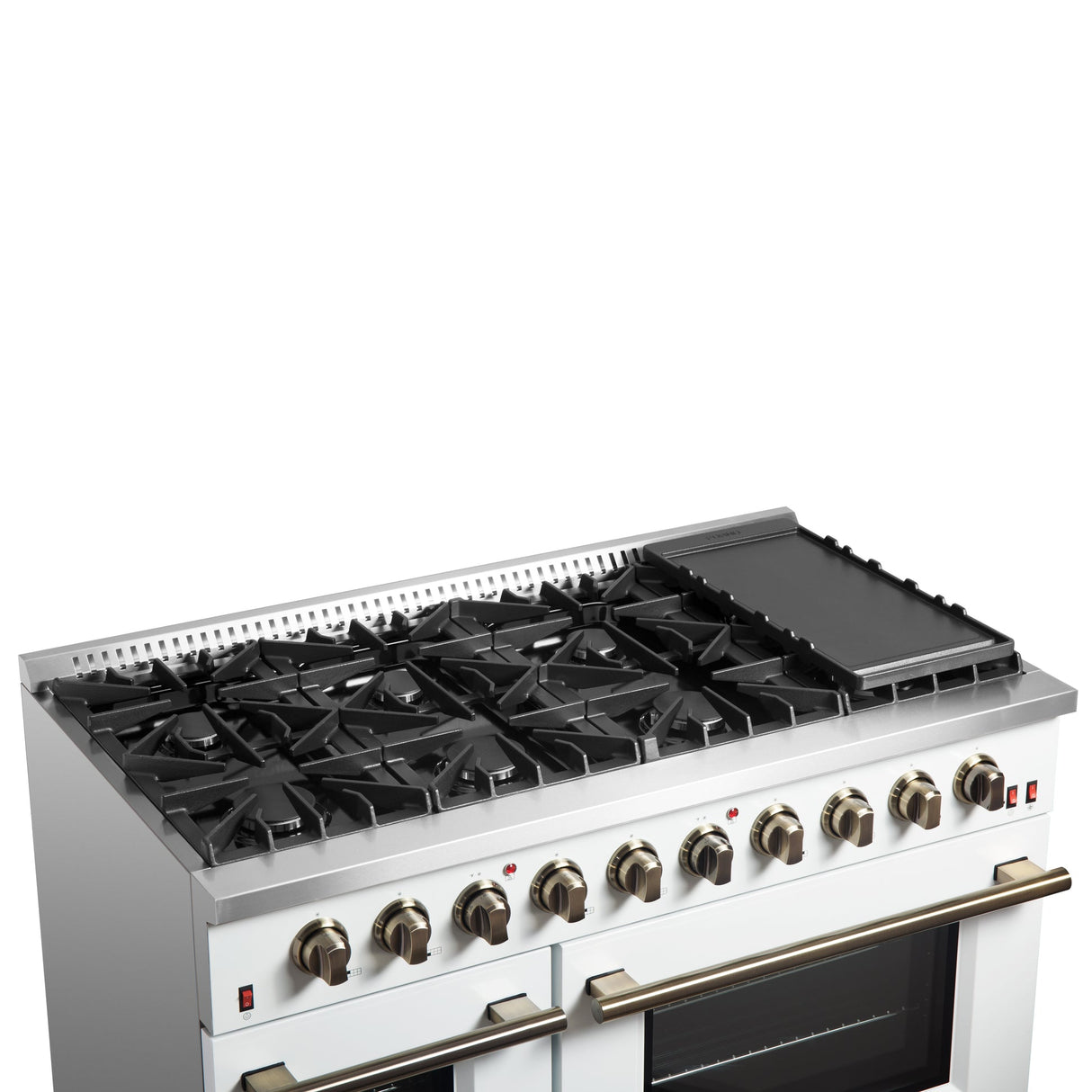 Forno Galiano 48-inch Gas Range with Antique Brass Design, 8 Burners, 107,000 BTU, Griddle, 6.58 cu.ft. Double Ovens