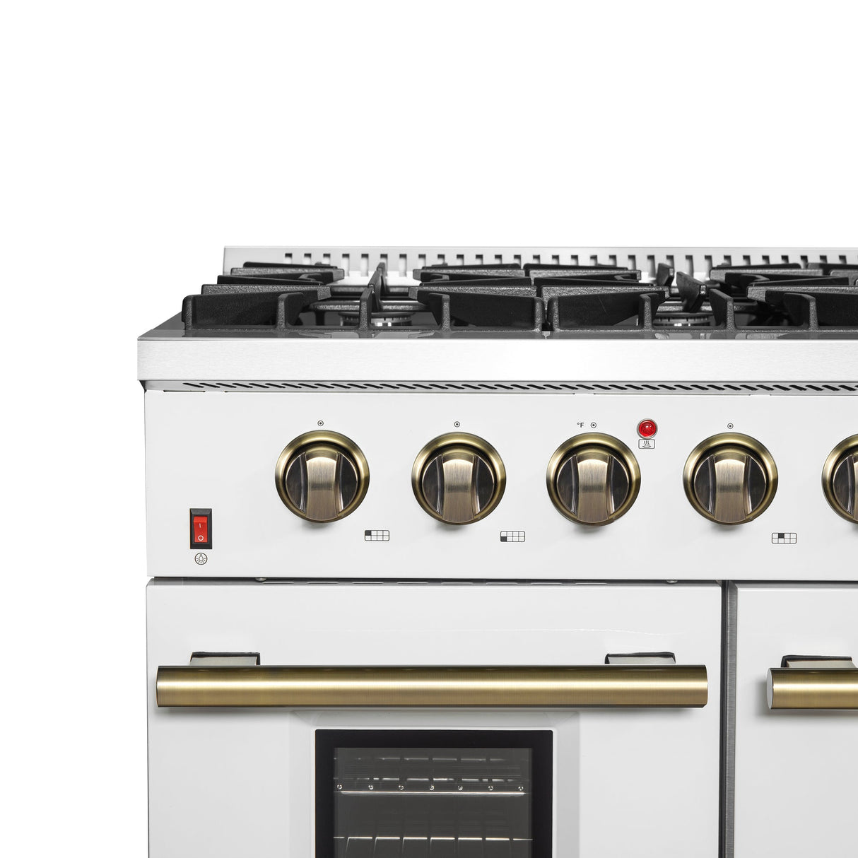 Forno Galiano 48-inch Gas Range with Antique Brass Design, 8 Burners, 107,000 BTU, Griddle, 6.58 cu.ft. Double Ovens