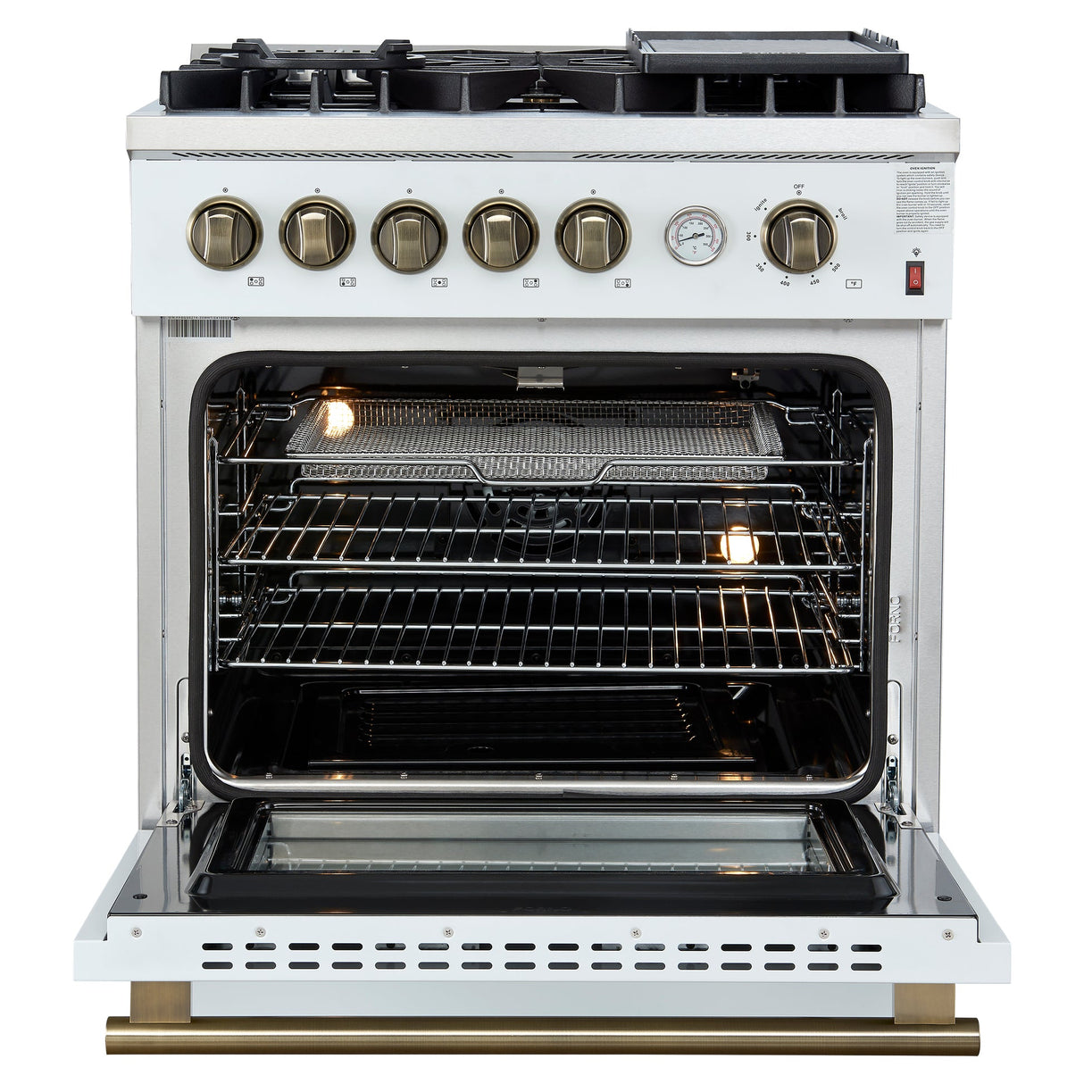 Forno Giovanni 30-inch Gas Range with Antique Brass Design, 5 Burners 67,000 BTU, 4.32 cu.ft. Convection Oven