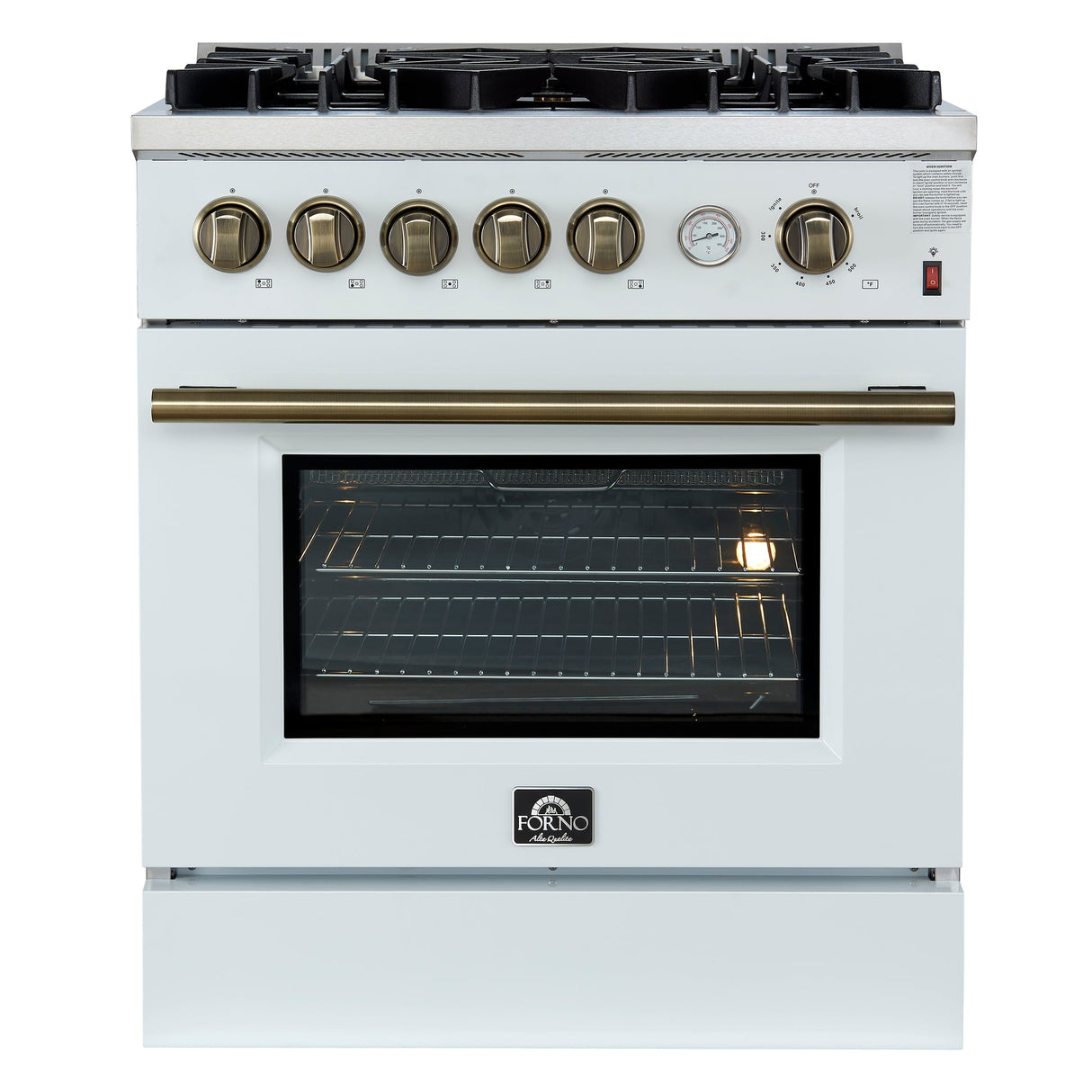 Forno Giovanni 30-inch Gas Range with Antique Brass Design, 5 Burners 67,000 BTU, 4.32 cu.ft. Convection Oven