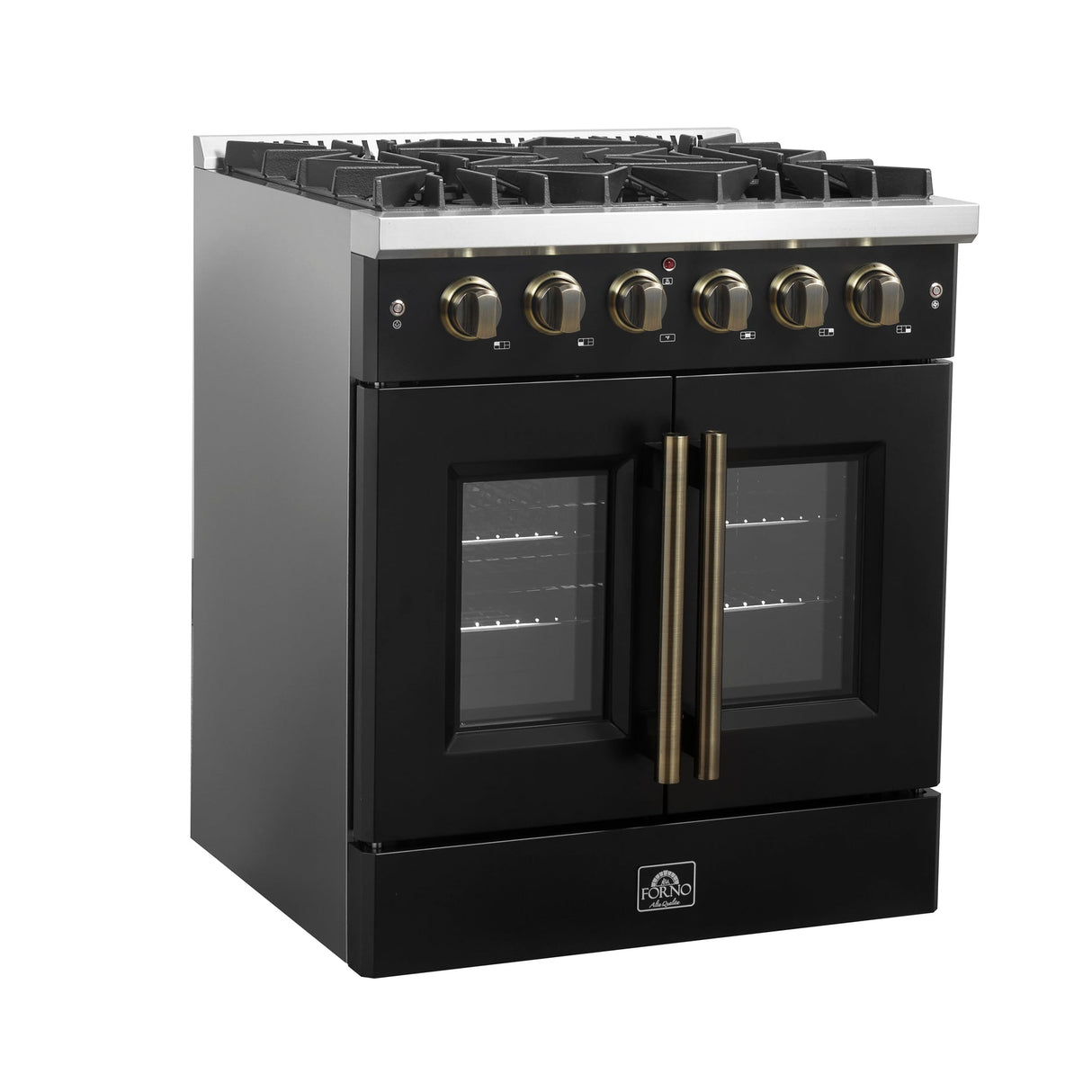 Forno Galiano French Door Gas Range with Antique Brass Design, Convection Oven