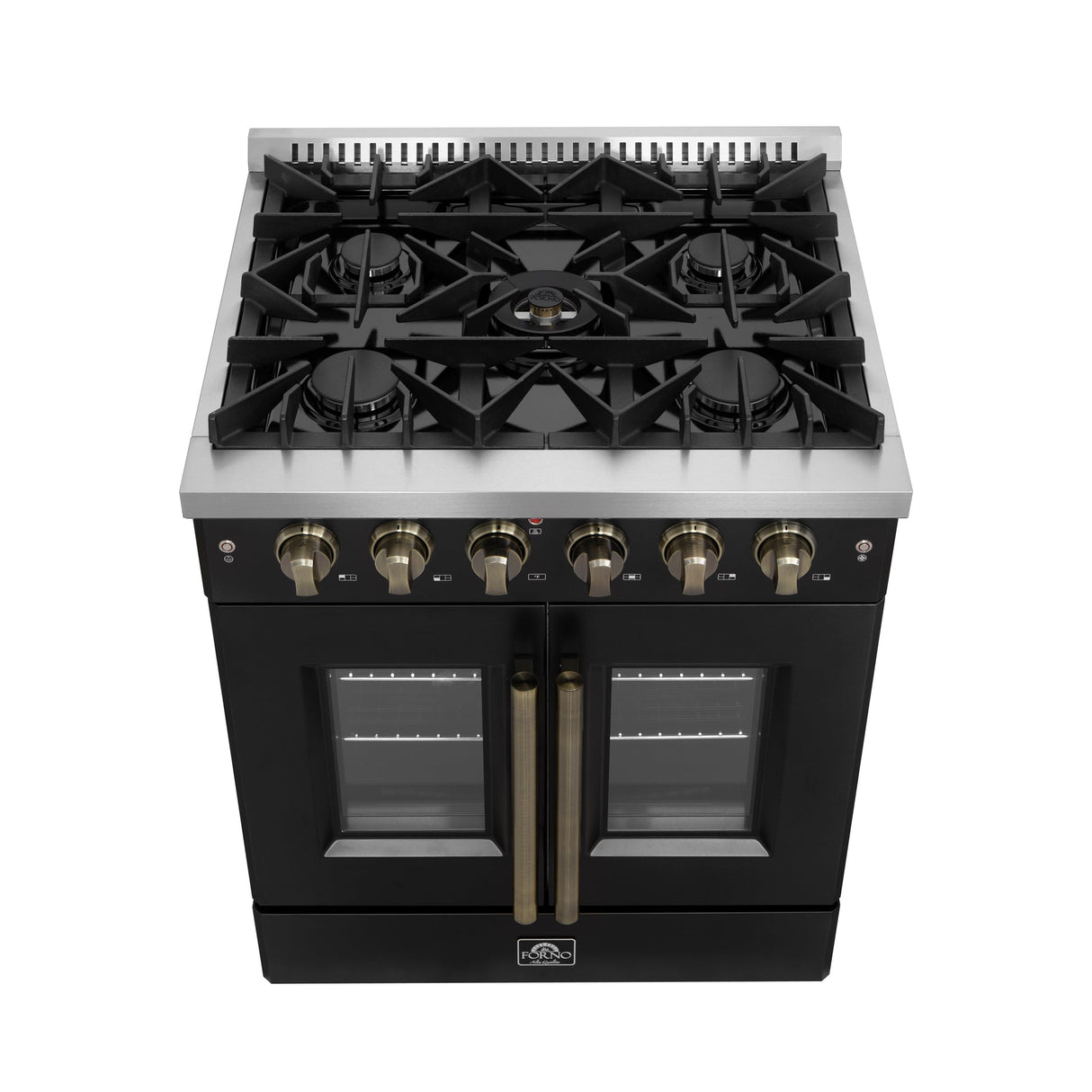 Forno Galiano French Door Gas Range with Antique Brass Design, Convection Oven