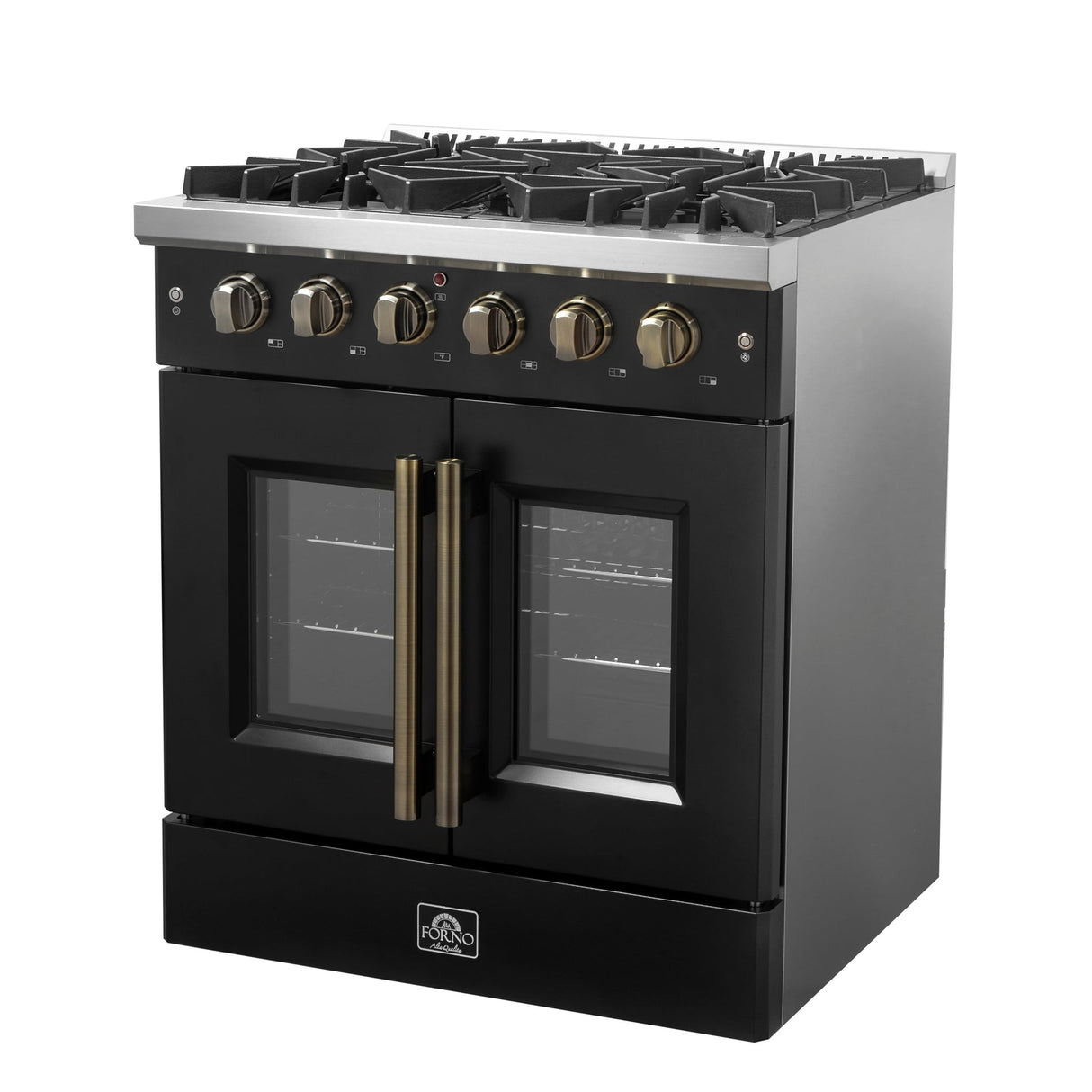 Forno Galiano French Door Gas Range with Antique Brass Design, Convection Oven