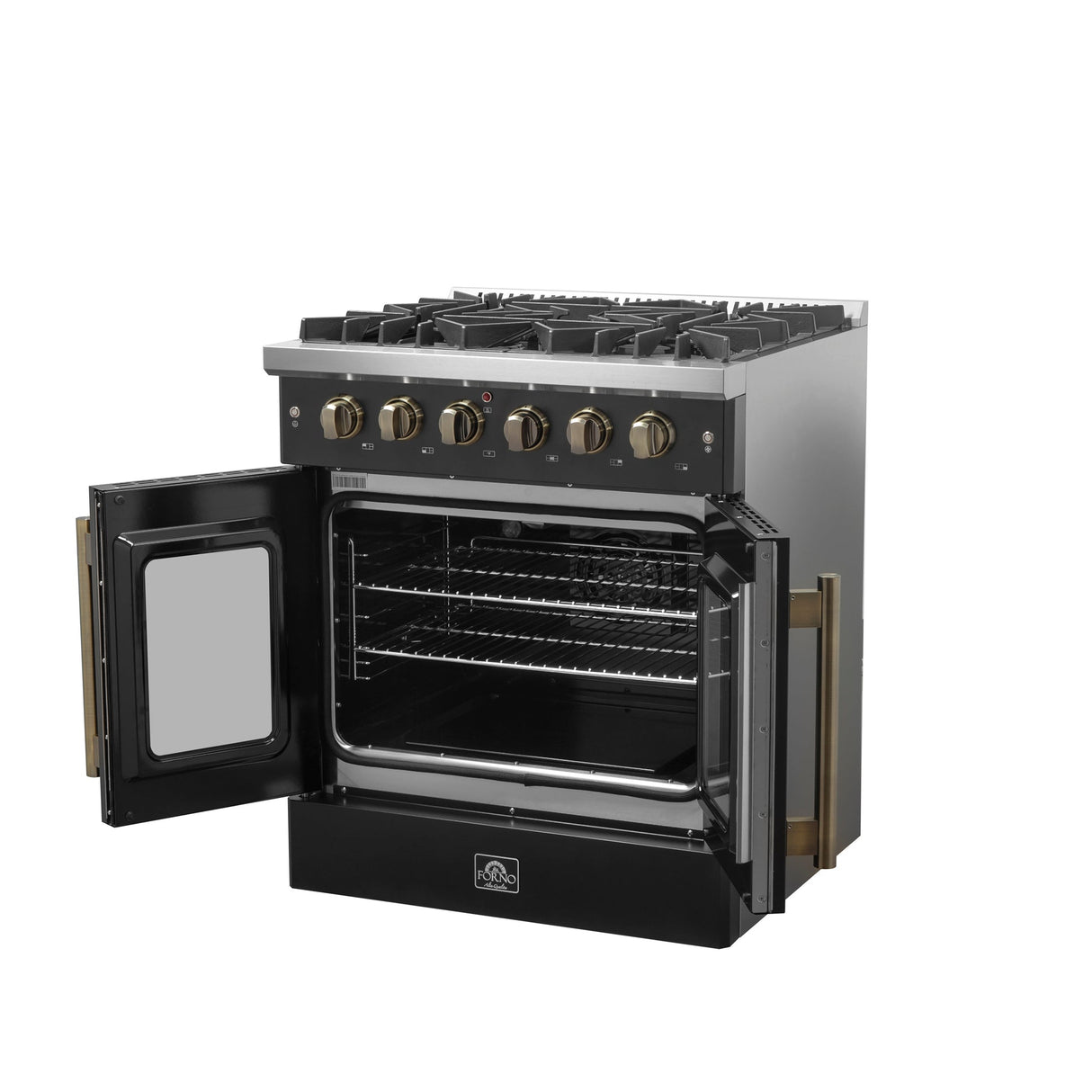 Forno Galiano French Door Gas Range with Antique Brass Design, Convection Oven