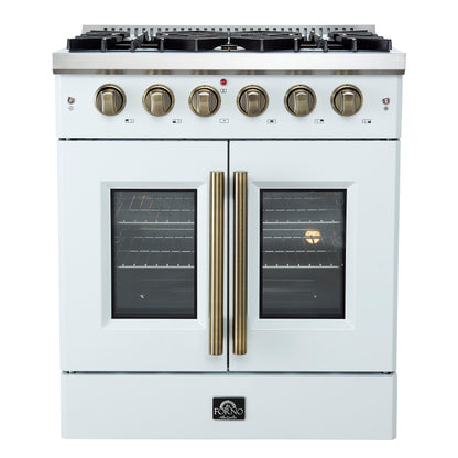 Forno Galiano French Door Gas Range with Antique Brass Design, Convection Oven