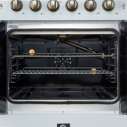 Forno Galiano French Door Gas Range with Antique Brass Design, Convection Oven