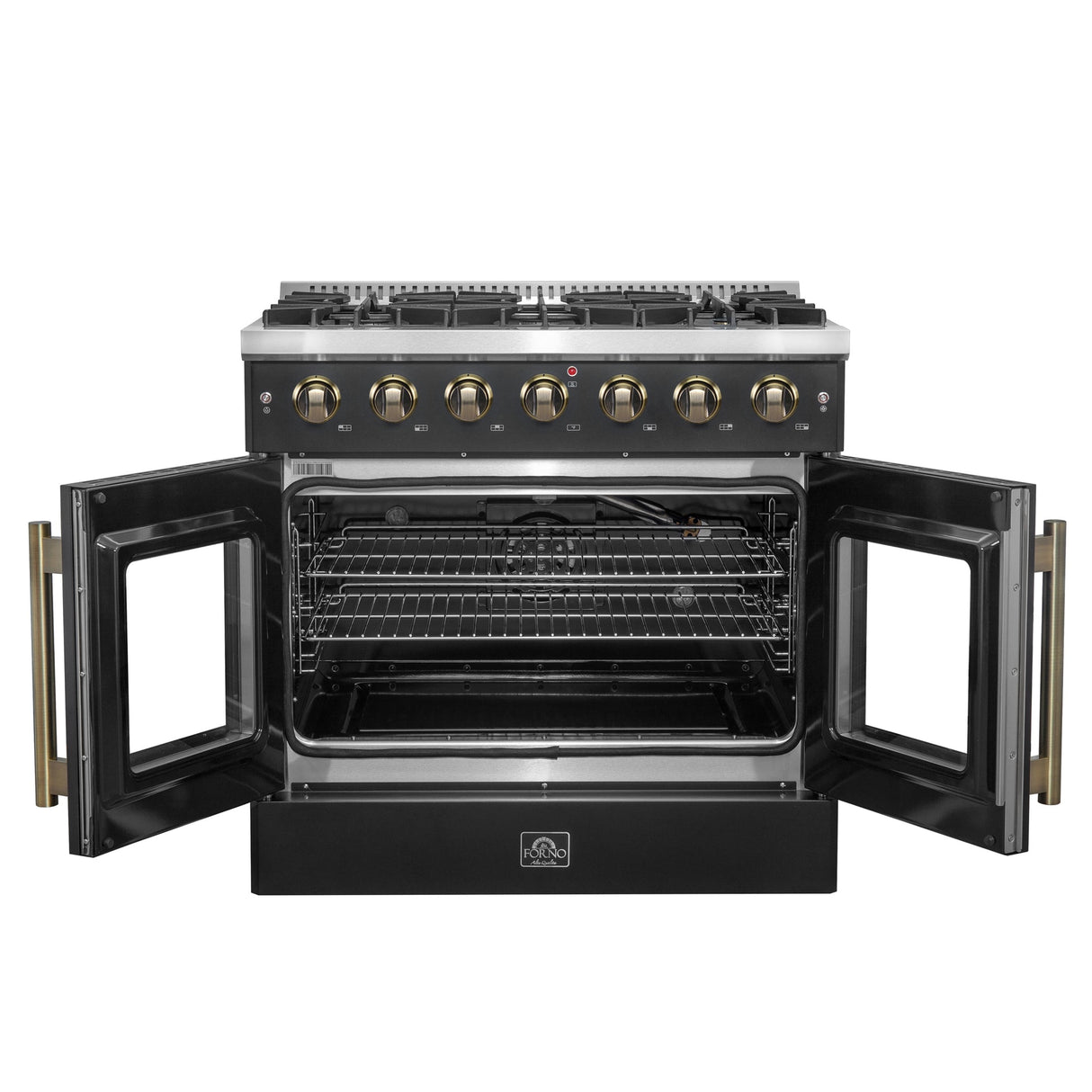 Forno Galiano French Door Gas Range with Antique Brass Design, Convection Oven