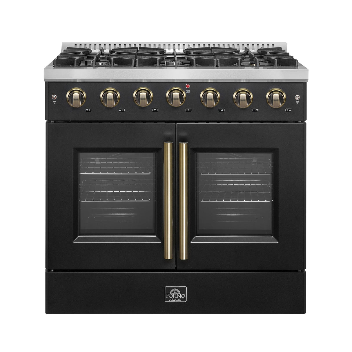 Forno Galiano French Door Gas Range with Antique Brass Design, Convection Oven