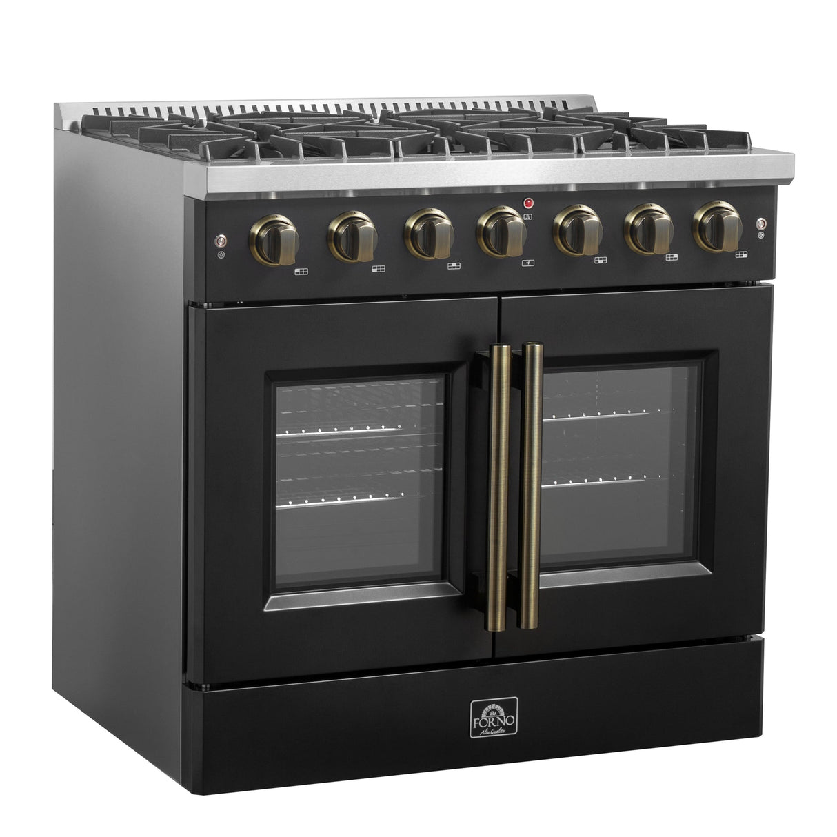 Forno Galiano French Door Gas Range with Antique Brass Design, Convection Oven