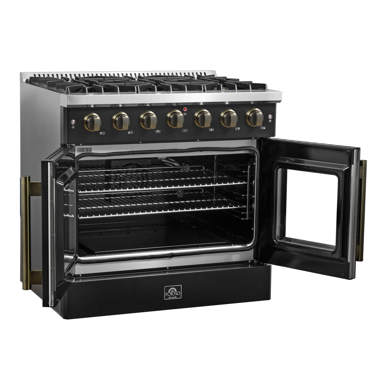 Forno Galiano French Door Gas Range with Antique Brass Design, Convection Oven