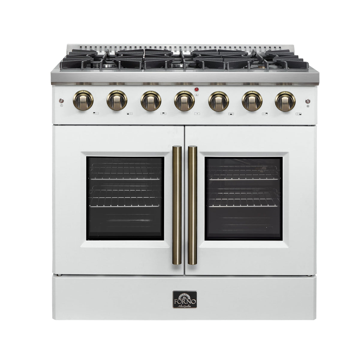 Forno Galiano French Door Gas Range with Antique Brass Design, Convection Oven
