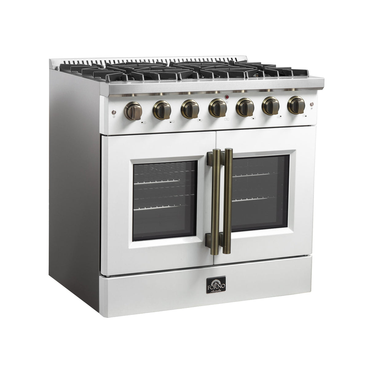 Forno Galiano French Door Gas Range with Antique Brass Design, Convection Oven