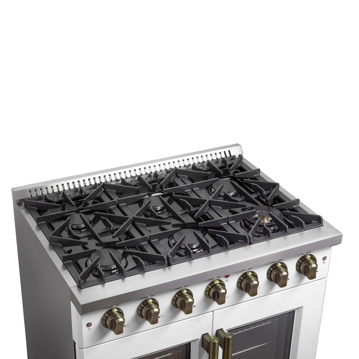 Forno Galiano French Door Gas Range with Antique Brass Design, Convection Oven