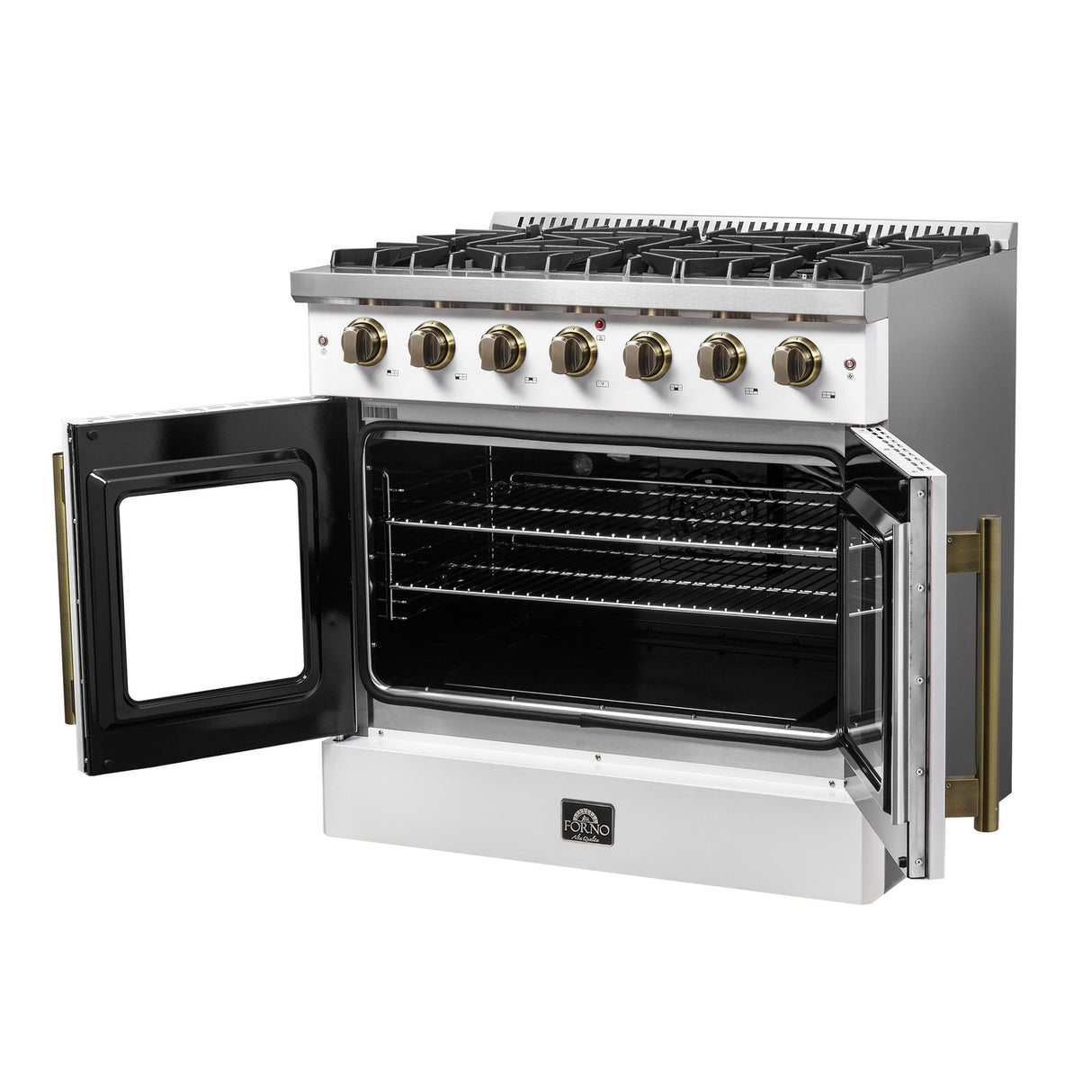 Forno Galiano French Door Gas Range with Antique Brass Design, Convection Oven