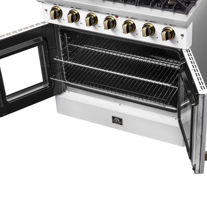 Forno Galiano French Door Gas Range with Antique Brass Design, Convection Oven
