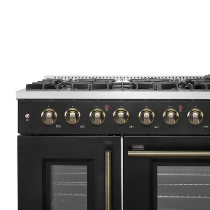 Forno Galiano 48-Inch Freestanding French Door Gas Range, with Antique Brass Design