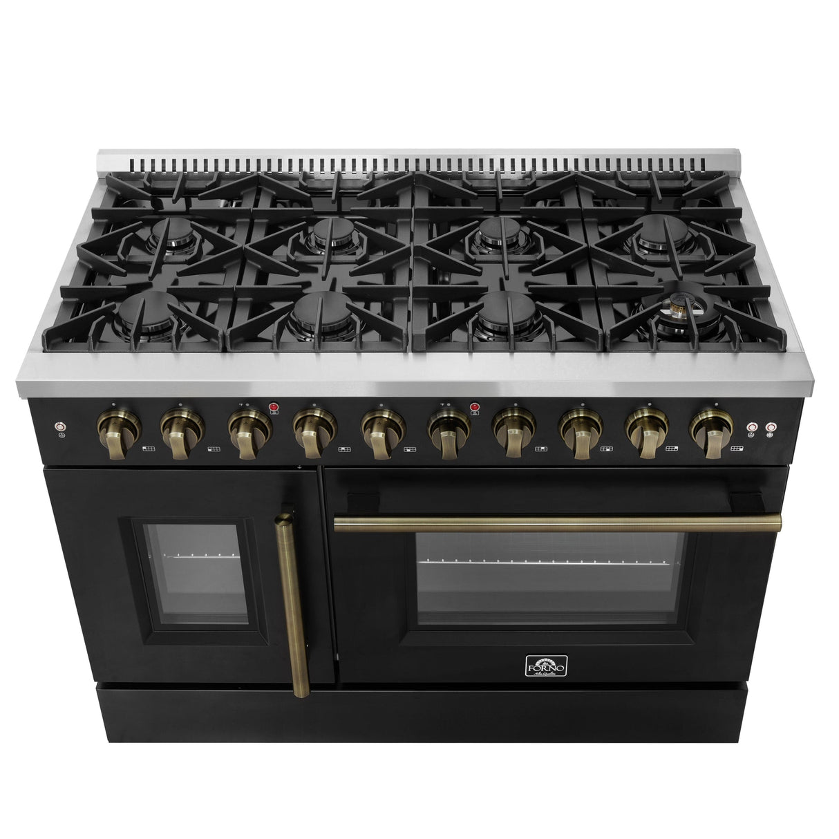 Forno Galiano 48-Inch Freestanding French Door Gas Range, with Antique Brass Design