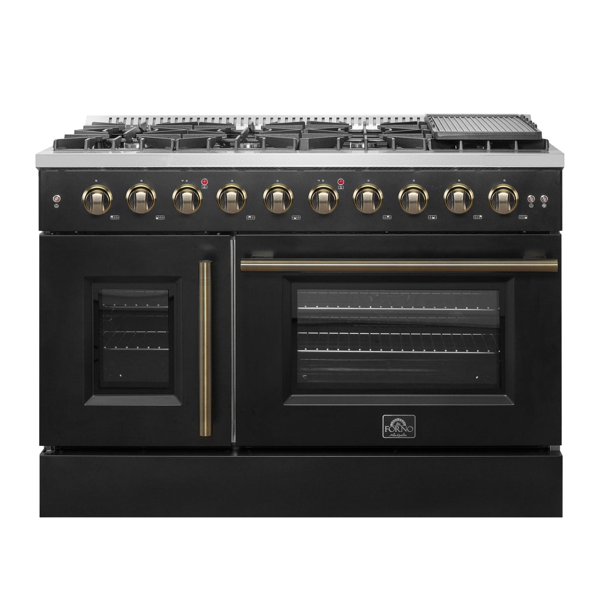 Forno Galiano 48-Inch Freestanding French Door Gas Range, with Antique Brass Design