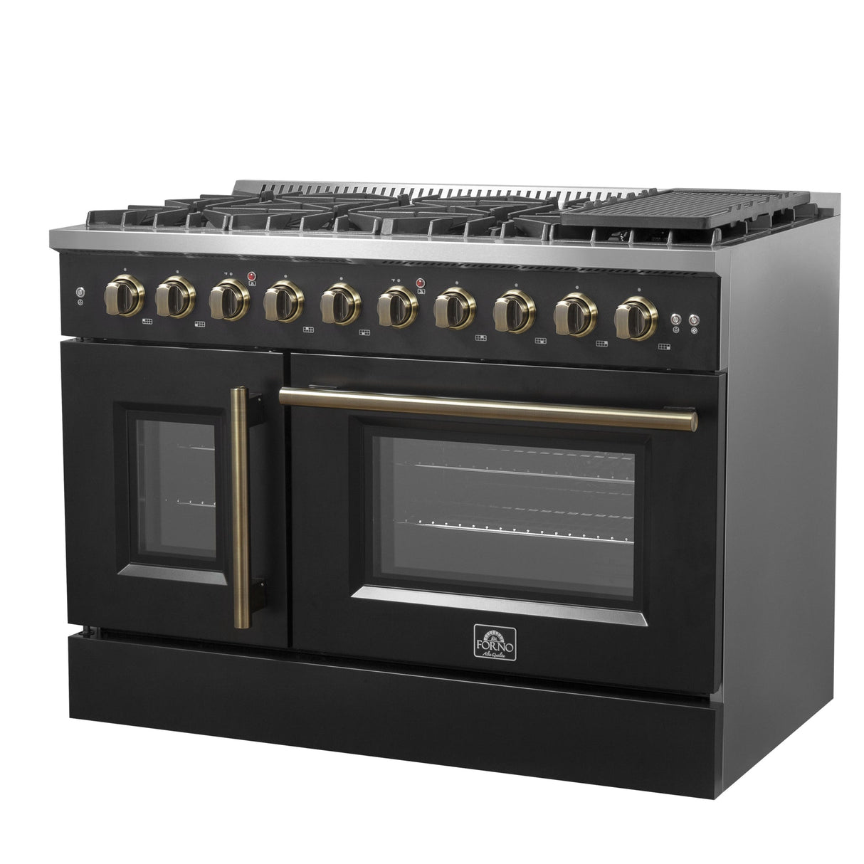 Forno Galiano 48-Inch Freestanding French Door Gas Range, with Antique Brass Design