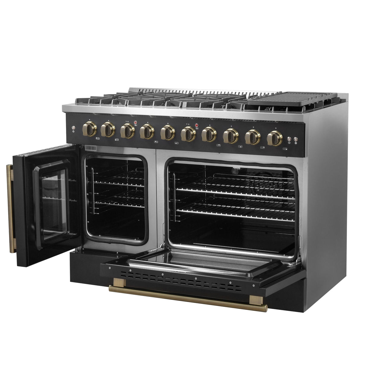Forno Galiano 48-Inch Freestanding French Door Gas Range, with Antique Brass Design