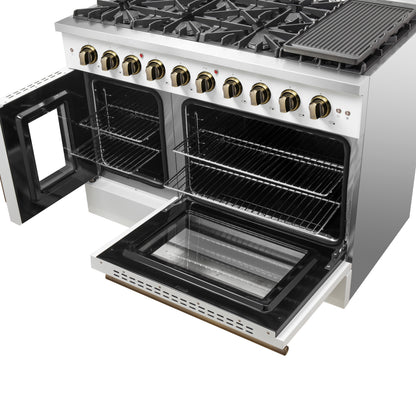 Forno Galiano 48-Inch Freestanding French Door Gas Range, with Antique Brass Design