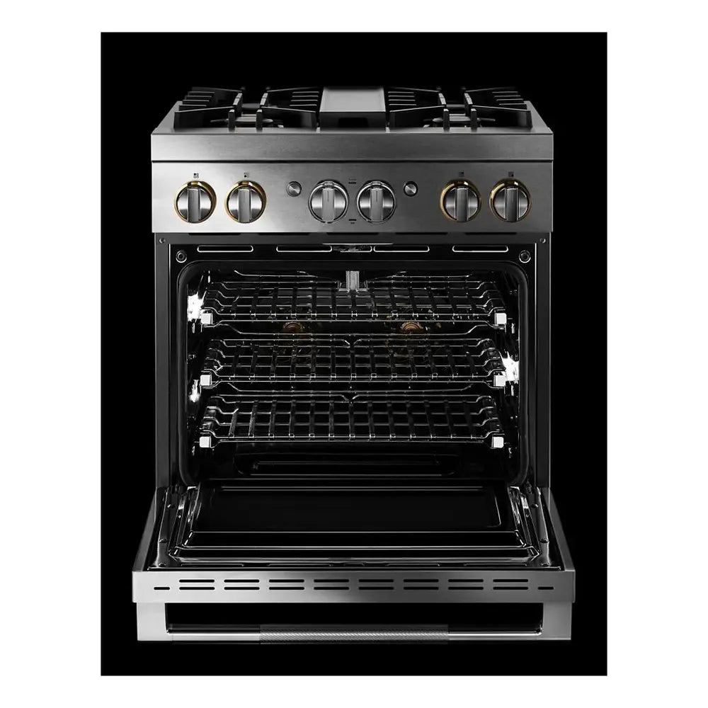 JennAir RISE 30 inch Smart Dual-Fuel Professional Range with 4.1 cu. ft. capacity, 4 Burners, Remote Access, Dual-Stacked PowerBurners in Stainless Steel, JDRP430HL