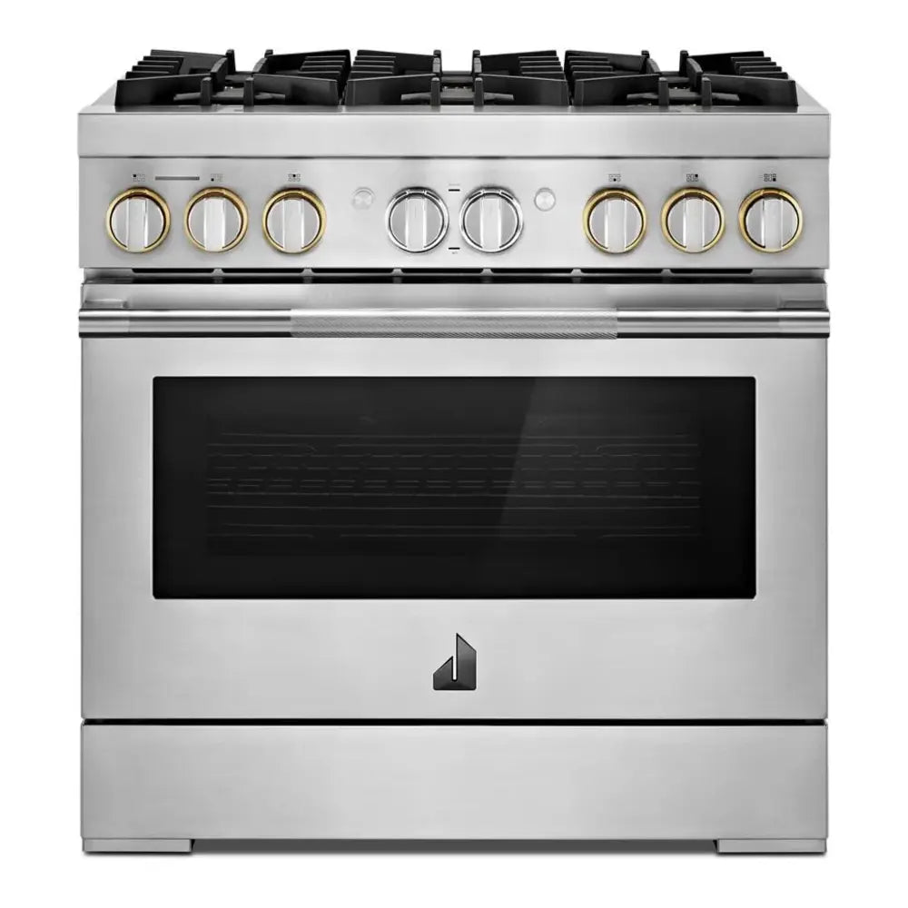 JennAir RISE 36 inch Smart Dual-Fuel Professional Range with 6 Burners, 5.1 cu. ft. Oven Capacity, Remote Access, Dual-Stacked PowerBurners, Glide Racks, and Sabbath Mode in Stainless Steel, JDRP436HL
