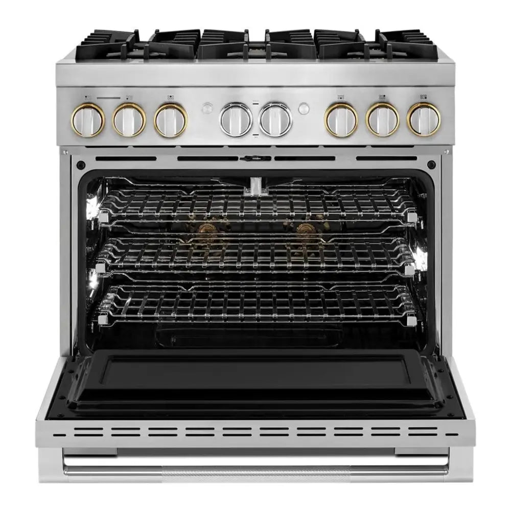 JennAir RISE 36 inch Smart Dual-Fuel Professional Range with 6 Burners, 5.1 cu. ft. Oven Capacity, Remote Access, Dual-Stacked PowerBurners, Glide Racks, and Sabbath Mode in Stainless Steel, JDRP436HL