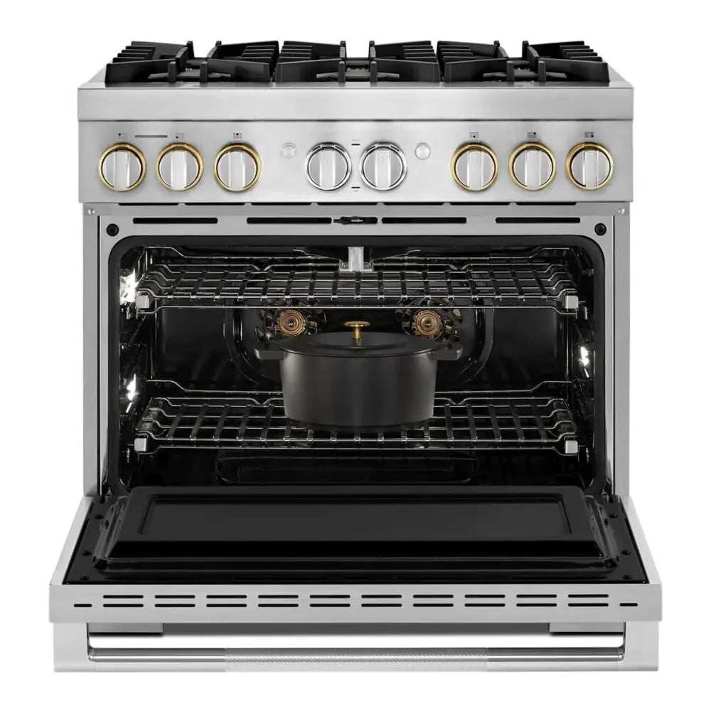 JennAir RISE 36 inch Smart Dual-Fuel Professional Range with 6 Burners, 5.1 cu. ft. Oven Capacity, Remote Access, Dual-Stacked PowerBurners, Glide Racks, and Sabbath Mode in Stainless Steel, JDRP436HL