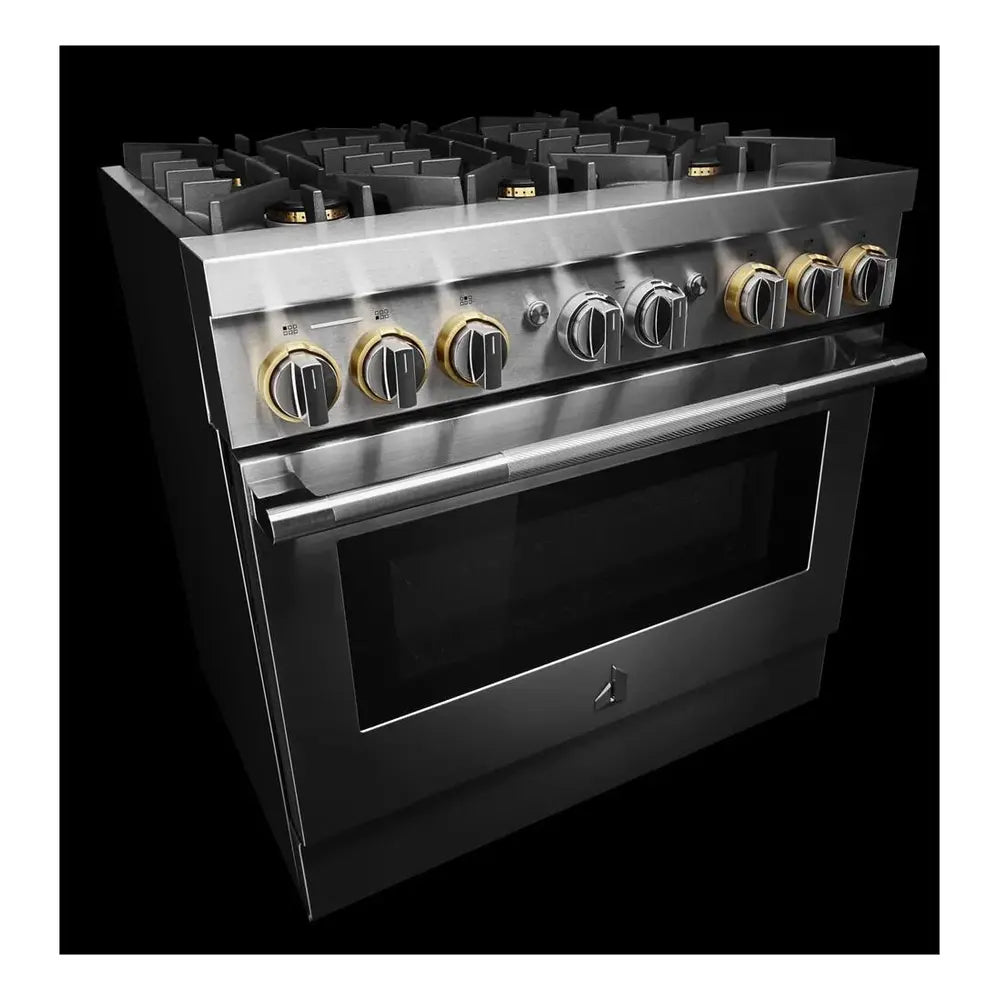 JennAir RISE 36 inch Smart Dual-Fuel Professional Range with 6 Burners, 5.1 cu. ft. Oven Capacity, Remote Access, Dual-Stacked PowerBurners, Glide Racks, and Sabbath Mode in Stainless Steel, JDRP436HL
