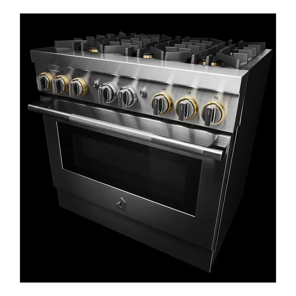 JennAir RISE 36 inch Smart Dual-Fuel Professional Range with 6 Burners, 5.1 cu. ft. Oven Capacity, Remote Access, Dual-Stacked PowerBurners, Glide Racks, and Sabbath Mode in Stainless Steel, JDRP436HL