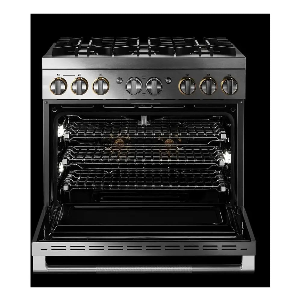 JennAir RISE 36 inch Smart Dual-Fuel Professional Range with 6 Burners, 5.1 cu. ft. Oven Capacity, Remote Access, Dual-Stacked PowerBurners, Glide Racks, and Sabbath Mode in Stainless Steel, JDRP436HL