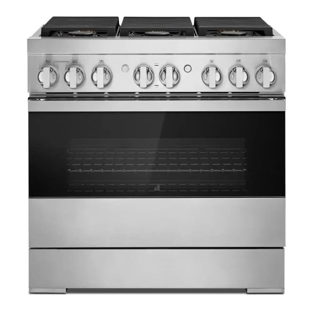 JennAir NOIR 36 inch Smart Dual-Fuel Professional Range with 6 Burners, 5.1 cu. ft. Oven Capacity, Remote Access, Dual-Stacked PowerBurners, Glide Racks, and Sabbath Mode in Stainless Steel, JDRP436HM