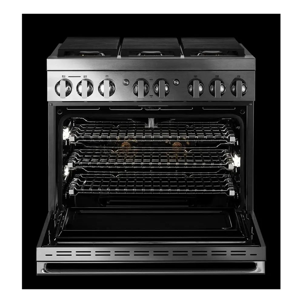 JennAir NOIR 36 inch Smart Dual-Fuel Professional Range with 6 Burners, 5.1 cu. ft. Oven Capacity, Remote Access, Dual-Stacked PowerBurners, Glide Racks, and Sabbath Mode in Stainless Steel, JDRP436HM